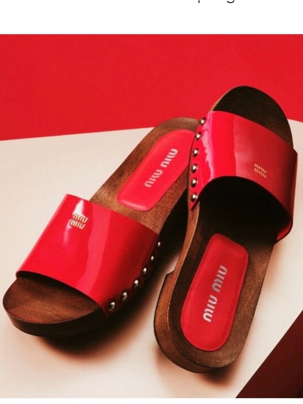 MIU MIU RED PATENT LEATHER GOLDEN LOGO STUDDED WOODEN SLIDE SANDALS SZ 40 NEW